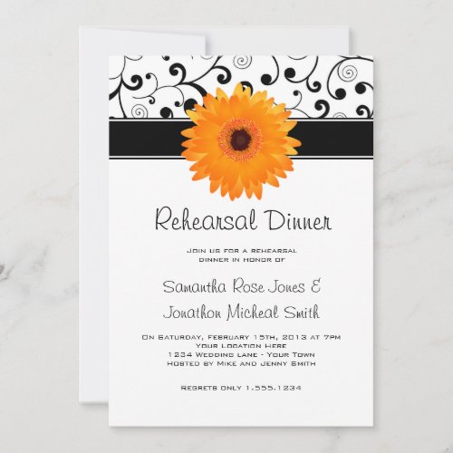 Rehearsal Dinner Orange Gerbera Daisy Black Scroll Personalized Invite