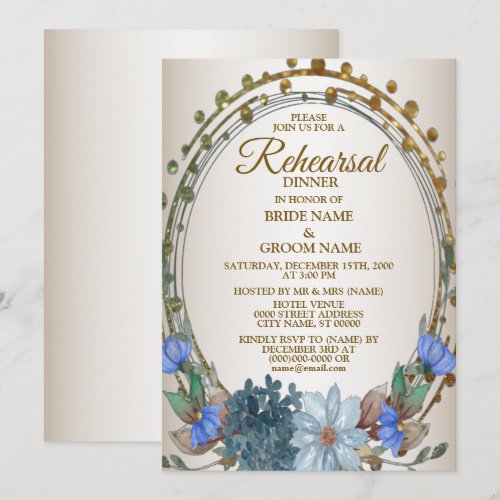 Rehearsal Dinner Party Blue Floral Golden Vintage Invitation