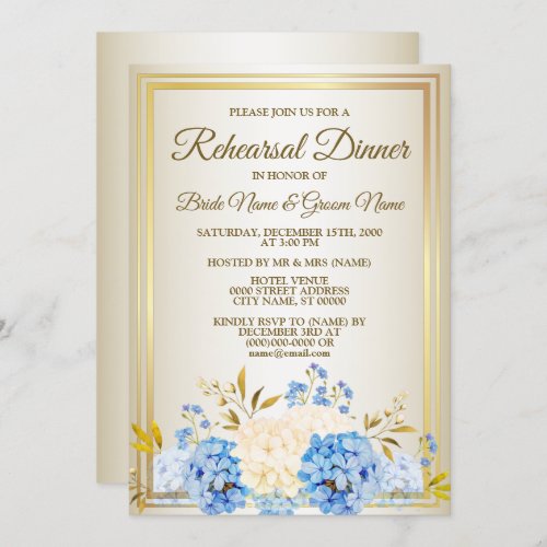Rehearsal Dinner Party Golden Blue Yellow Floral Invitation