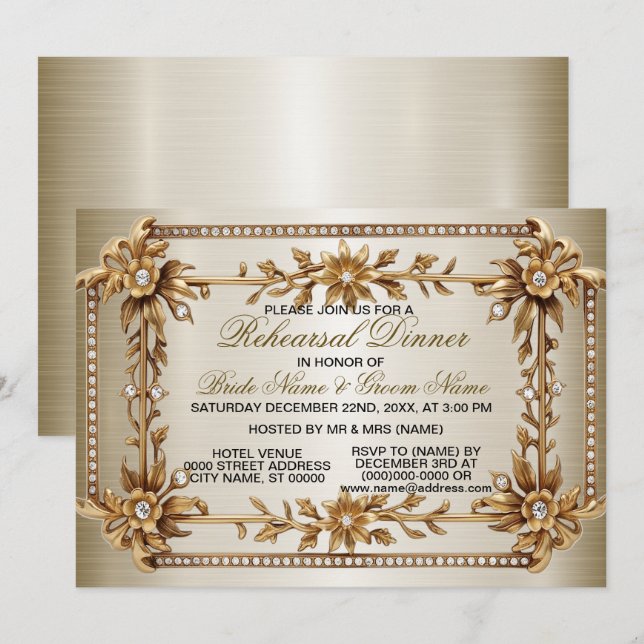 Rehearsal Dinner Party Golden Ornate Dimond  Invitation (Front/Back)