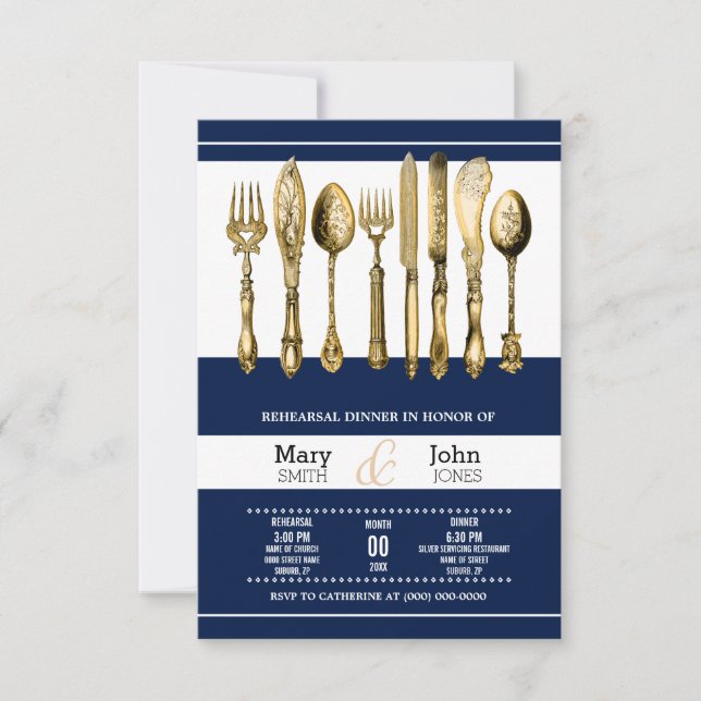 Rehearsal dinner party navy gold invitation (Front)