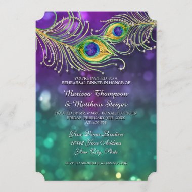 Rehearsal Dinner Peacock Feather Jeweled Feathers Invitation