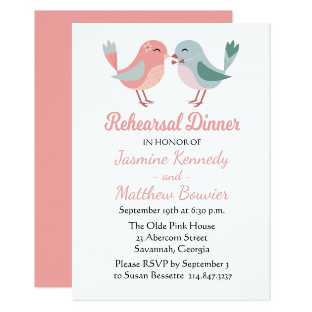 Rehearsal Dinner Pink & Blue Lovebirds Wedding Invitation