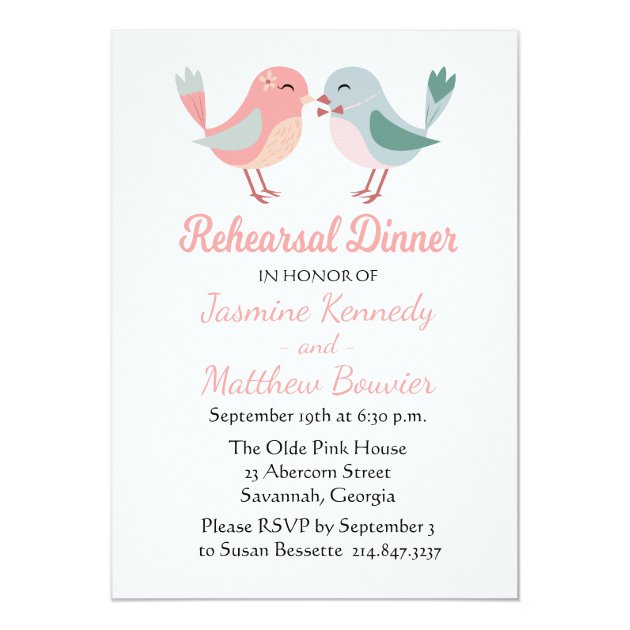 Rehearsal Dinner Pink & Blue Lovebirds Wedding Invitation