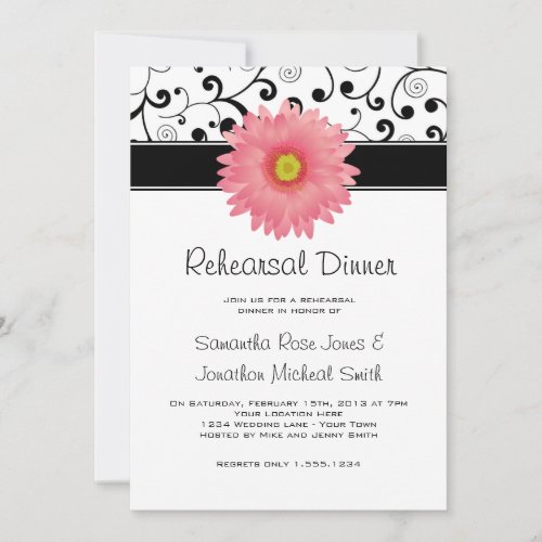 Rehearsal Dinner Pink Gerbera Daisy Black Scroll Announcement