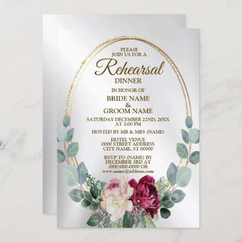 Rehearsal DinnerPink Red Floral Greenery Golden Invitation