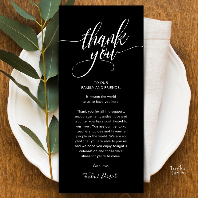 Rehearsal Dinner Place Setting Thank you Card (Modern Script Wedding Guest Dinner Reception Brunch Lunch Thank You Card in Classy Black White)