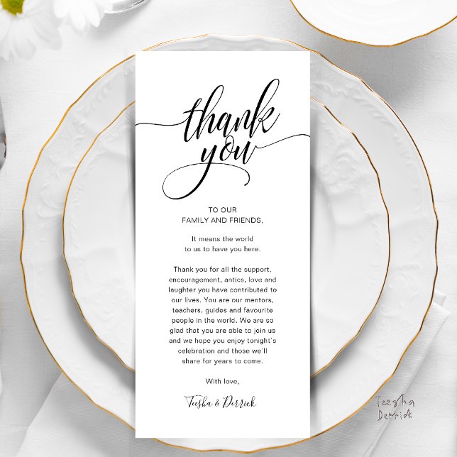 Rehearsal Dinner Place Setting Thank you Card (Modern Script Wedding Guest Dinner Reception Brunch Lunch Thank You Card in Black and White)