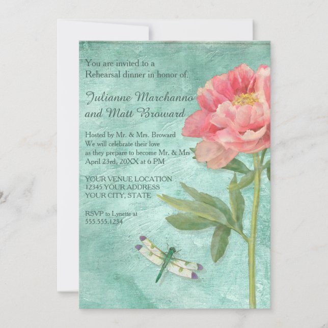 Rehearsal Dinner Pretty Peony Flowers n Dragonfly Invitation (Front)