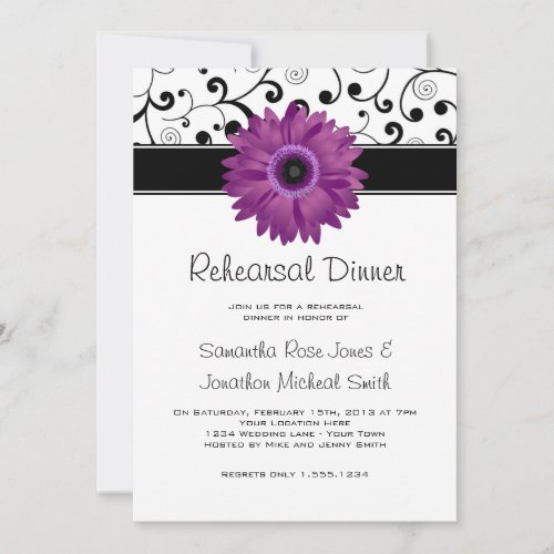 Rehearsal Dinner Purple Gerbera Daisy Black Scroll Invite