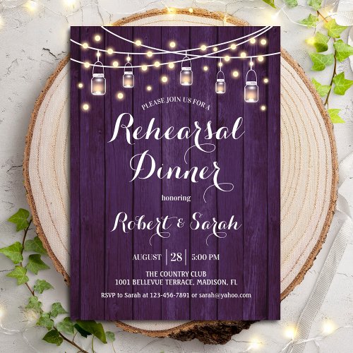 Rehearsal Dinner _ Purple Rustic Wood Invitation