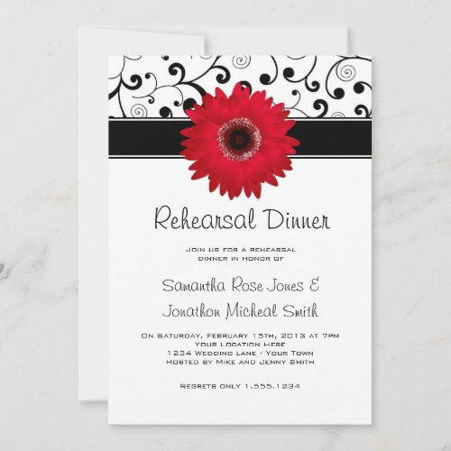 Rehearsal Dinner Red Gerbera Daisy Black Scroll Personalized Announcement