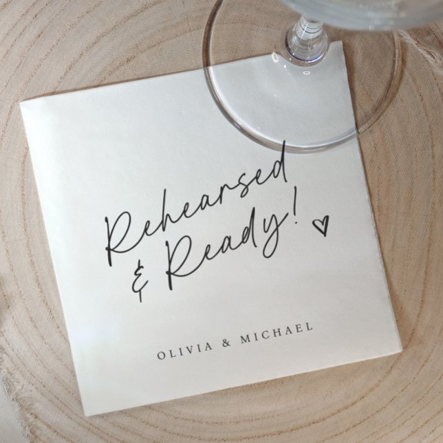 Rehearsal Dinner Rehearsed & Ready Black and White Napkins (Black and white rehearsal dinner napkins. Modern trendy rehearsed and ready napkins. Love note)