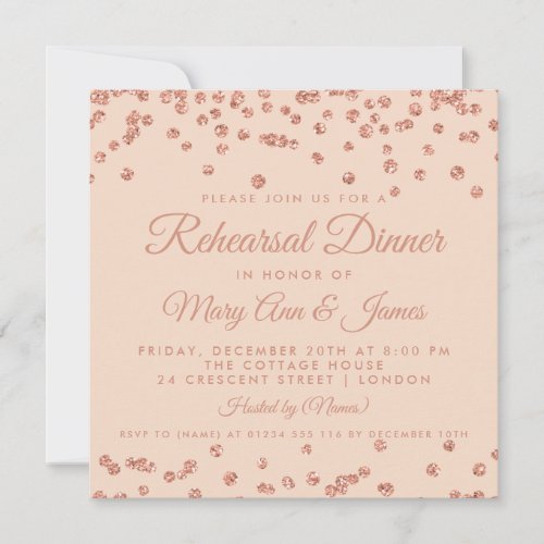 Rehearsal Dinner Rose Gold Glitter Confetti Blush Invitation