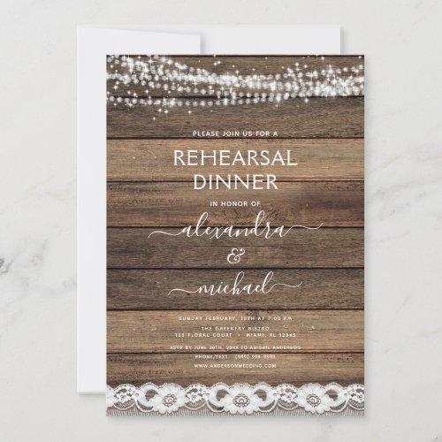 Rehearsal Dinner Rustic Farmhouse Lace Wood Invitation