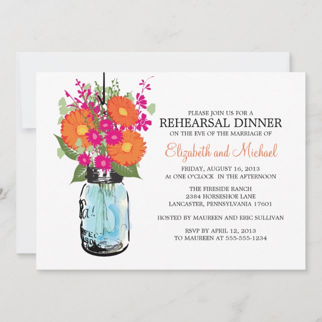 Rehearsal Dinner Rustic Mason Jar Gerber Daisies Invitation (Front)
