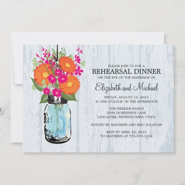 Rehearsal Dinner Rustic Mason Jar Gerber Daisies Invitation (Front)