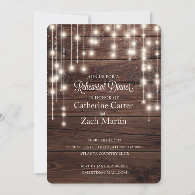 Rehearsal Dinner Rustic Wood Bistro Light Invite (Front)