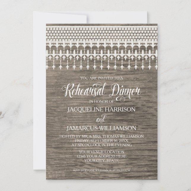 Rehearsal Dinner Rustic Wood Fence Lace Typography Invitation (Front)