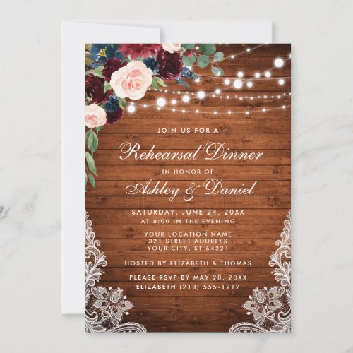 Rehearsal Dinner Rustic Wood Lights Lace Floral Invitation