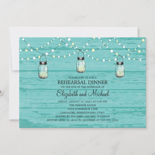 Rehearsal Dinner Rustic Wood Mason Jar and Lights Invitation (Front)