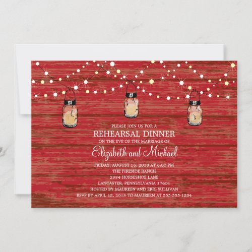 Rehearsal Dinner Rustic Wood Mason Jar and Lights Invitation