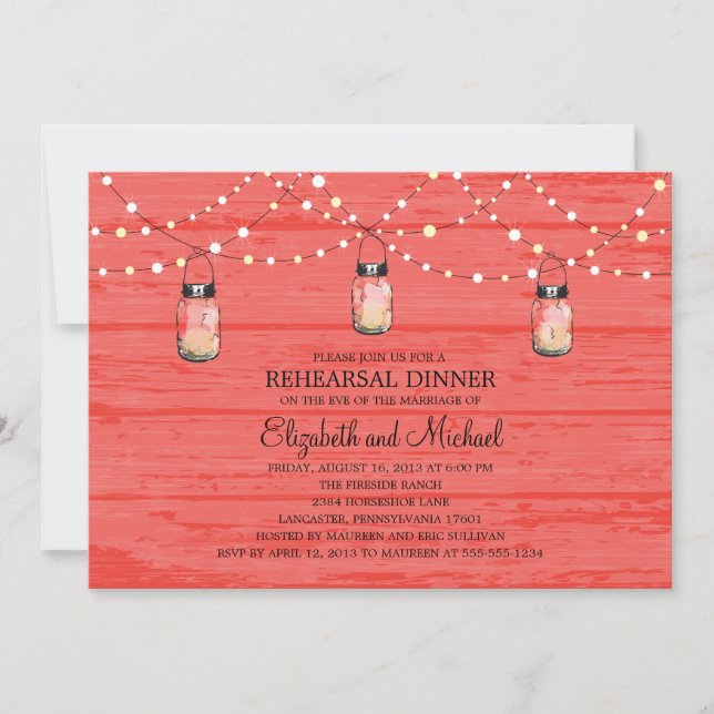 Rehearsal Dinner Rustic Wood Mason Jar and Lights Invitation (Front)