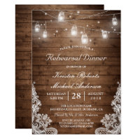 Rehearsal Dinner Rustic Wood Mason Jar Lights Lace Invitation