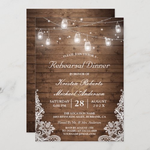 Rehearsal Dinner Rustic Wood Mason Jar Lights Lace Invitation