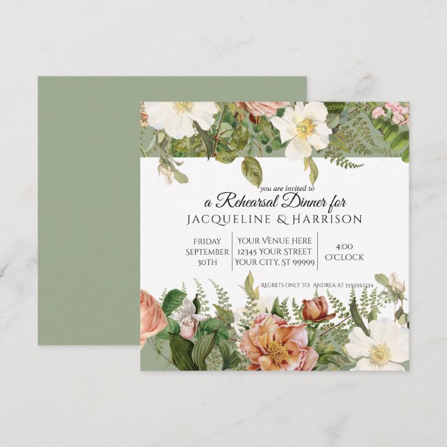 Rehearsal Dinner | Sage Green Ivory Rose Floral Invitation (Front/Back)