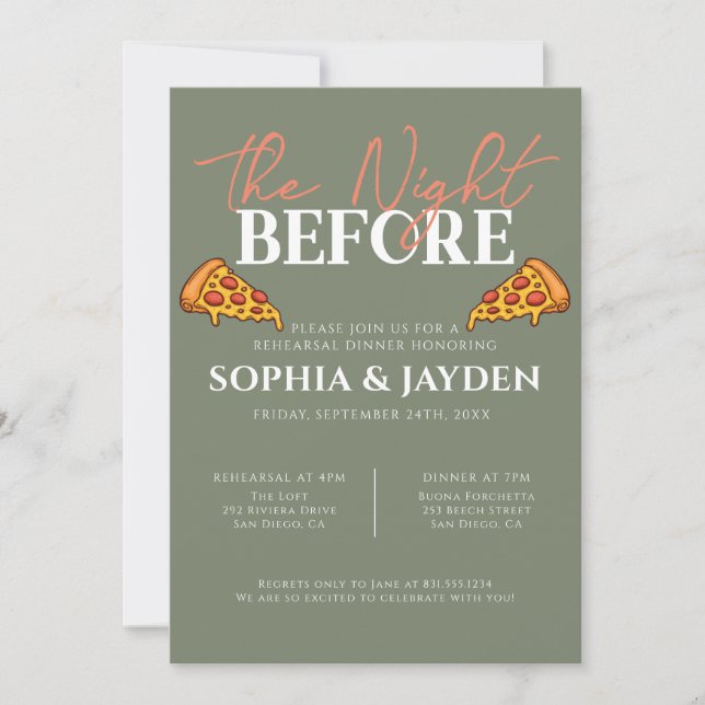 Rehearsal Dinner Sage Green PIZZA Modern Invitation (Front)