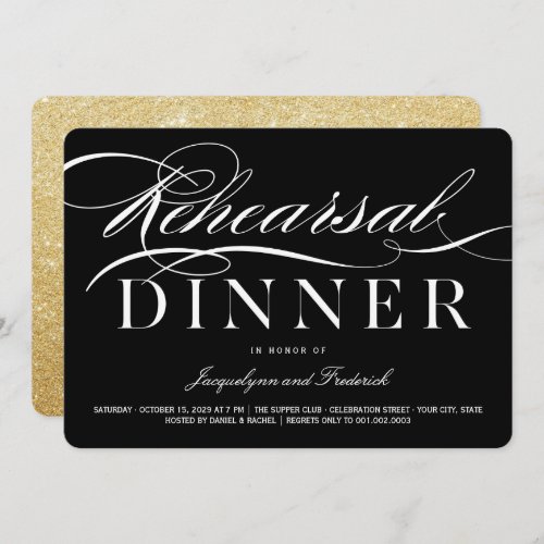 Rehearsal Dinner Script Gold Glitter Party Invite