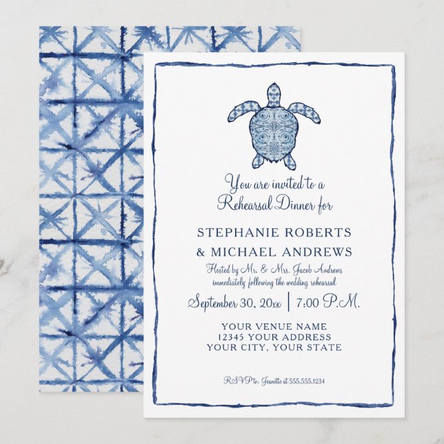 Rehearsal Dinner Shibori Indigo Seaturtle Beach Invitation (Front/Back)