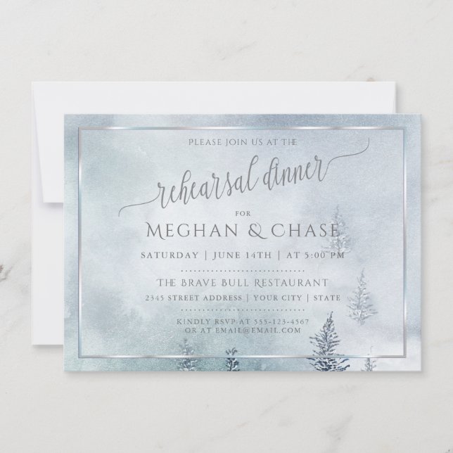 Rehearsal Dinner | Silver Blue Winter Wonderland Note Card (Front)