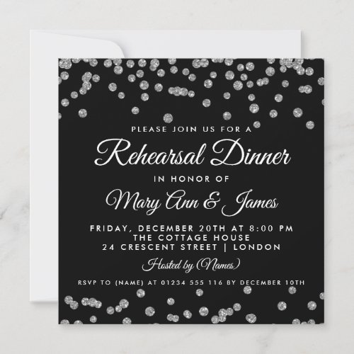 Rehearsal Dinner Silver Glitter Confetti Black Invitation