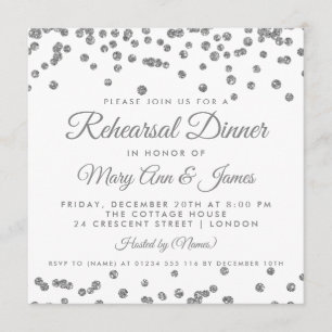 Rehearsal Dinner Silver Glitter Confetti White Invitation