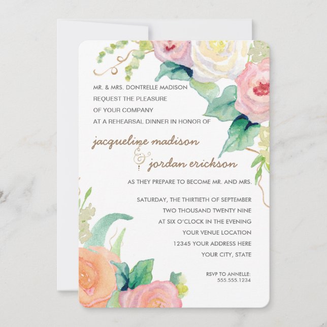 Rehearsal Dinner Simple Modern Watercolor Floral Invitation (Front)