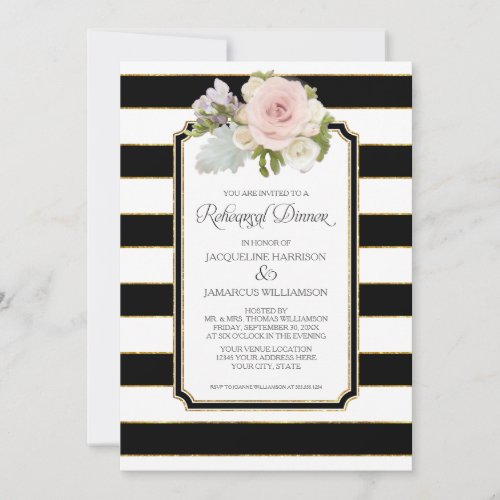 Rehearsal Dinner Striped Modern Floral faux Gold Invitation