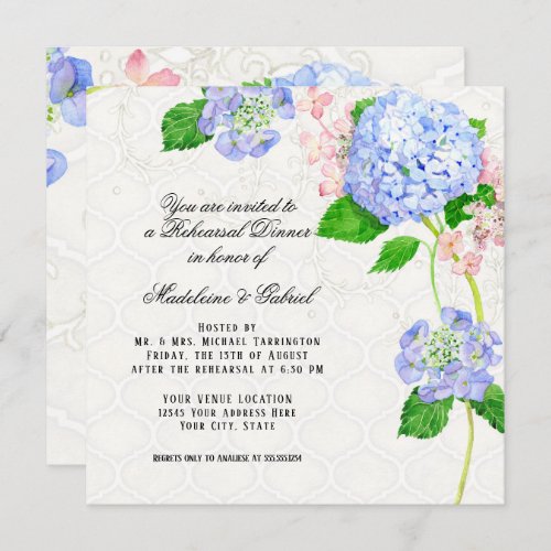 Rehearsal Dinner Summer Blue Hydrangea Watercolor Invitation