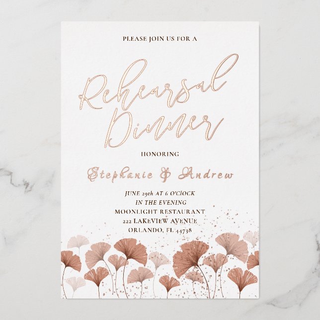 Rehearsal Dinner Terracotta Foliage Rose Gold  Foil Invitation (Front)