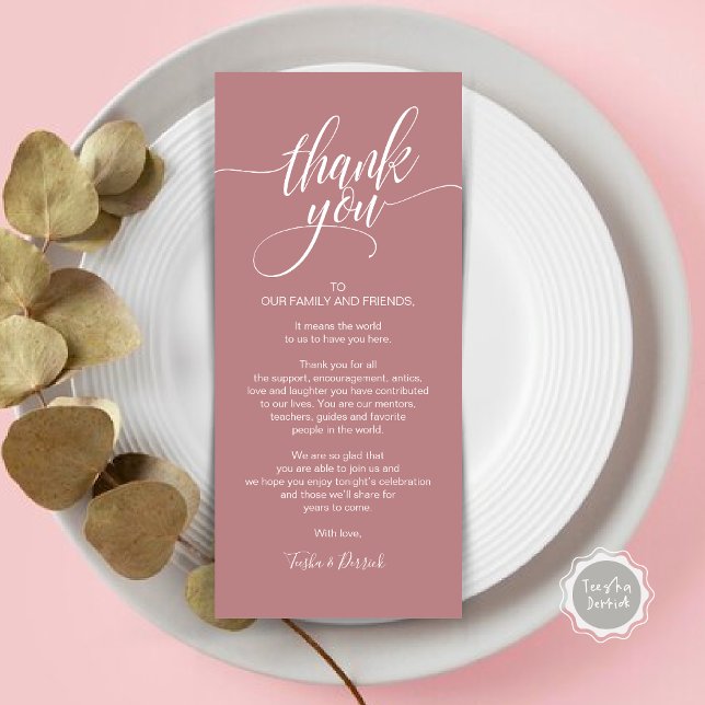 Rehearsal Dinner Thank you Place Setting Card (Wedding Dinner Place Setting Thank You Card, Modern Classy Elegant Script, Dusty Rose Pink)