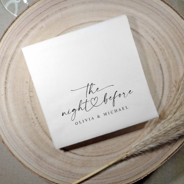 Rehearsal Dinner The Night Before Modern Wedding Napkins (Modern black and white rehearsal dinner napkins with “the night before” script and heart design.)