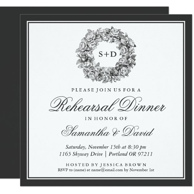 Rehearsal Dinner Vintage Floral Monogram Black Invitation