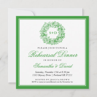 Rehearsal Dinner Vintage Floral Monogram Green Invitation