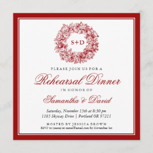 Rehearsal Dinner Vintage Floral Monogram Red Invitation