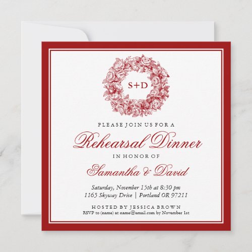 Rehearsal Dinner Vintage Floral Monogram Red Invitation