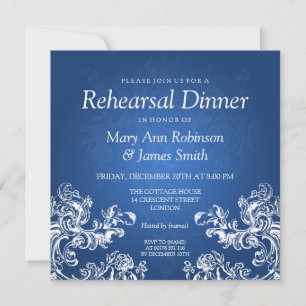 Rehearsal Dinner Vintage Swirls 2 Sapphire Blue Invitation