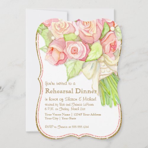Rehearsal Dinner Watercolor Rose Bouquet Pearls Invitation