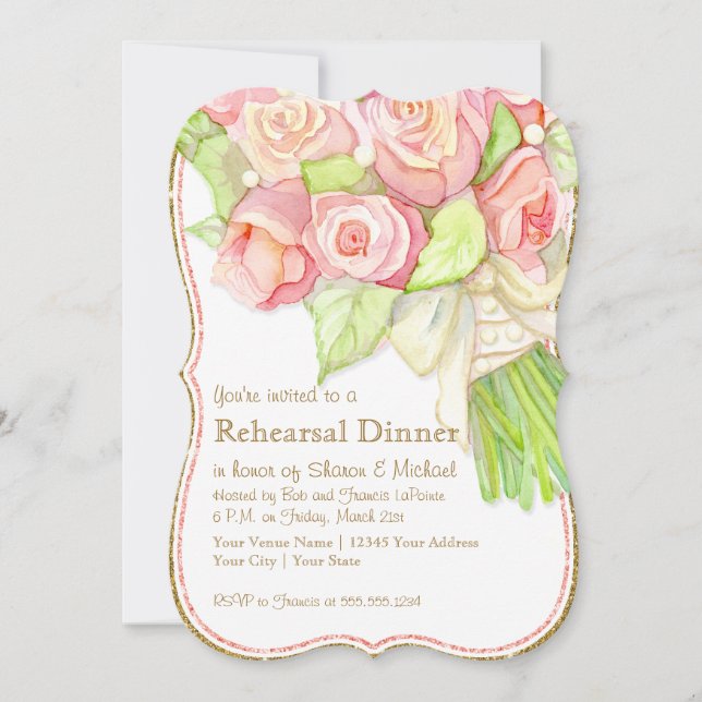 Rehearsal Dinner Watercolor Rose Bouquet Pearls Invitation (Front)