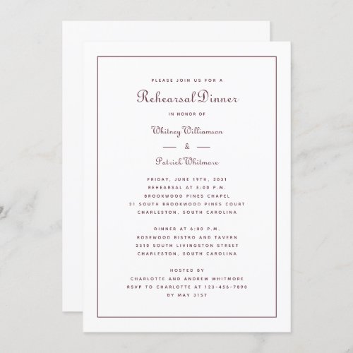 Rehearsal Dinner Wedding Elegant Burgundy Script  Invitation